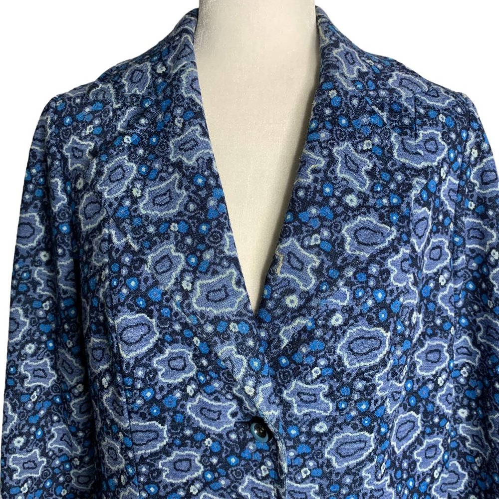 Vintage 70s Heavy Knit Blazer Jacket M Blue Floral Lined Pockets Buttons - Picture 2 of 6